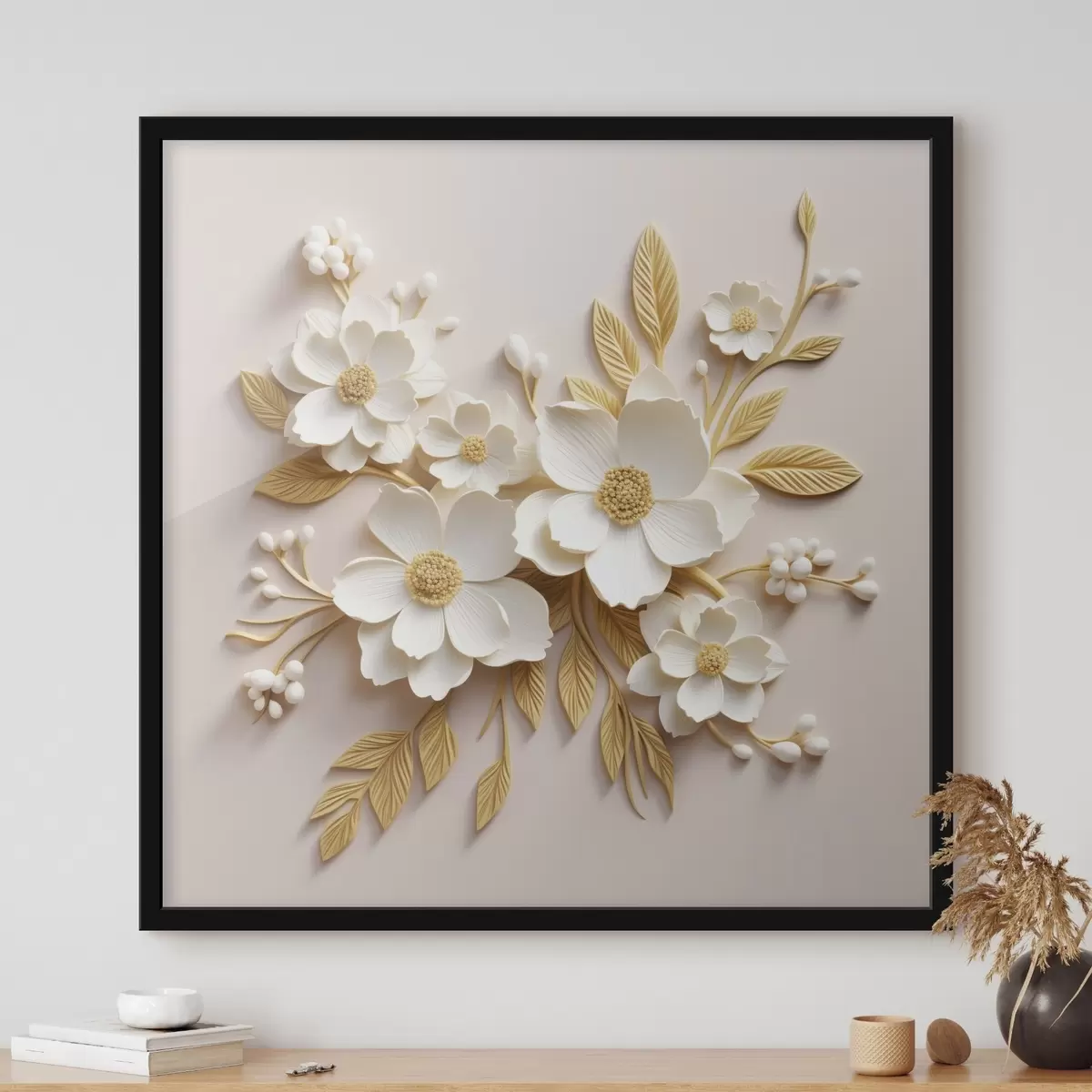 Affiche fleurs blanches en 3D avec des feuilles sur un fond crème f43383