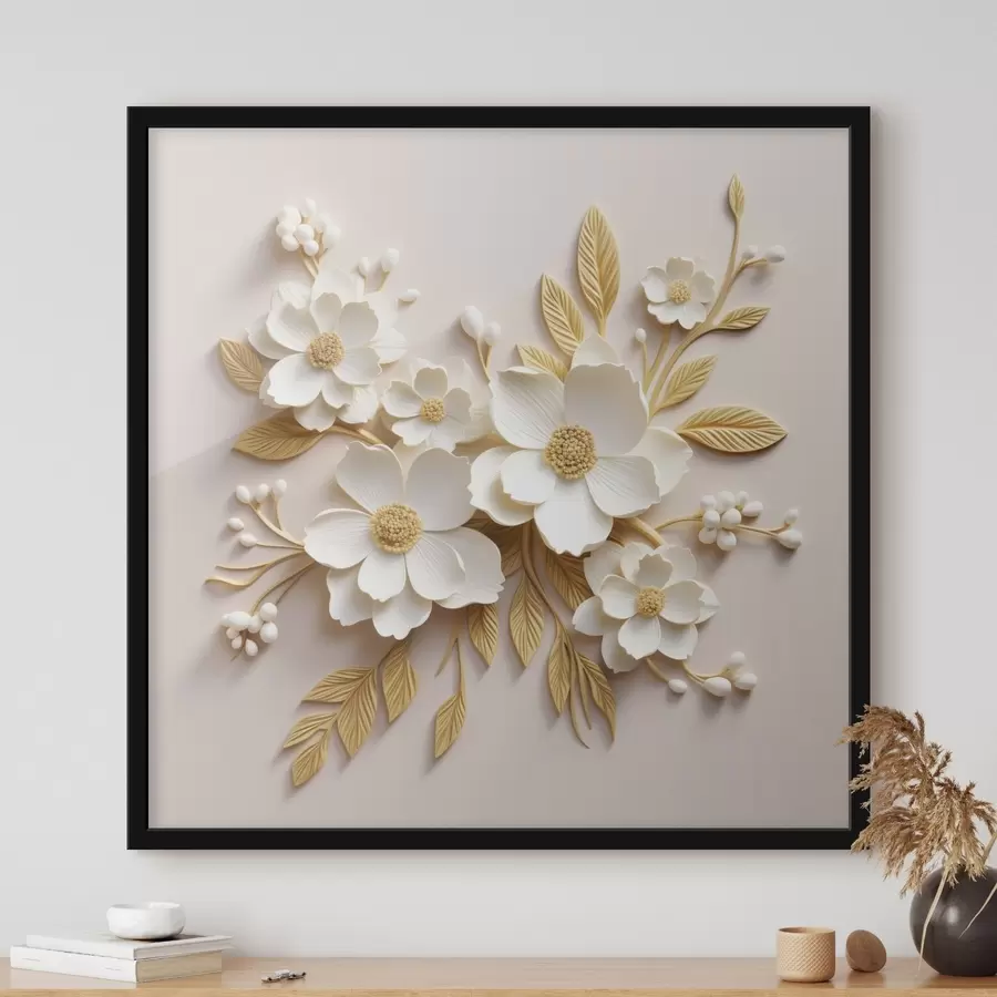 Papier peint photo fleurs blanches en 3D avec des feuilles sur un fond crème f43383