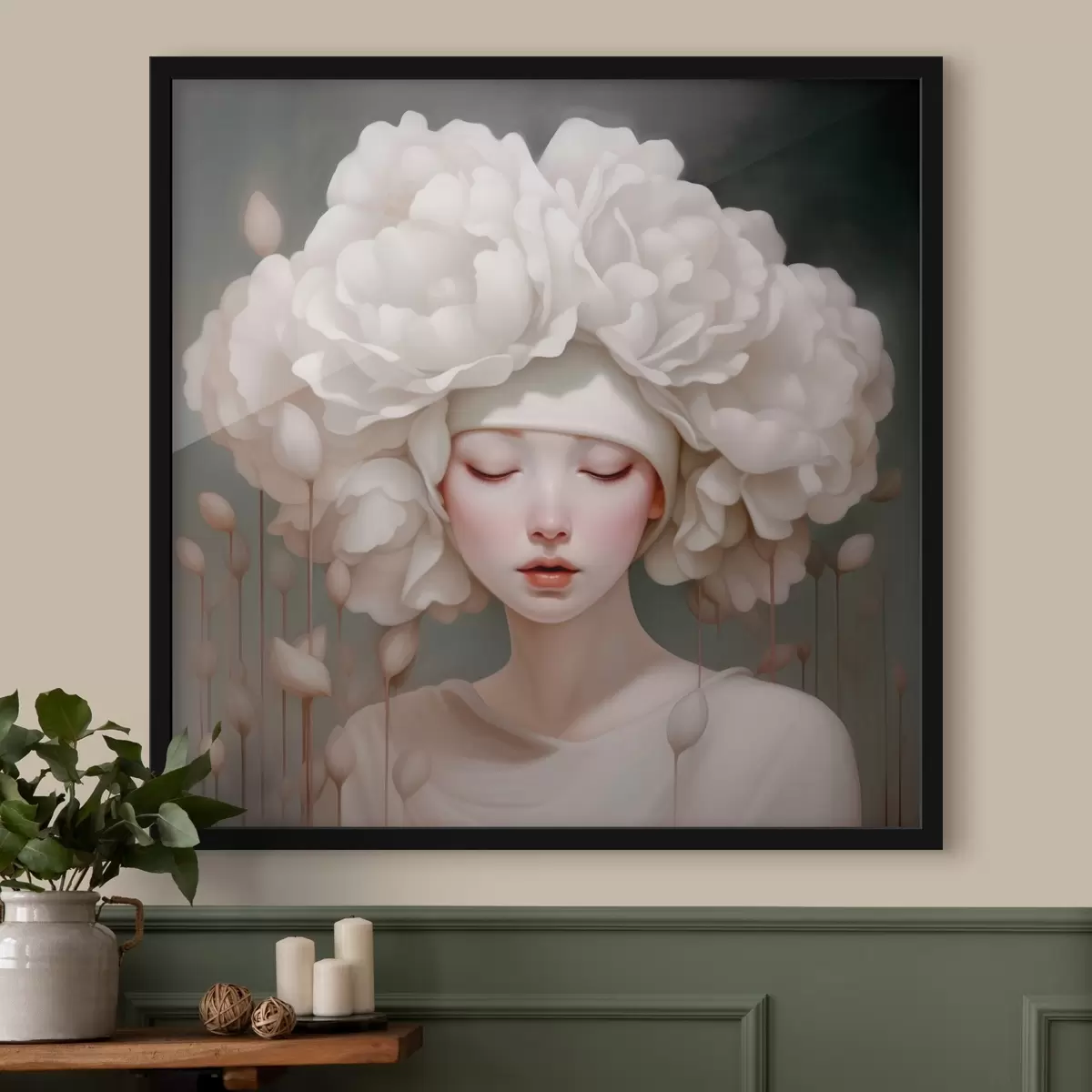 Poster Meisje met bloemen op haar hoofd in zachte tinten f43385