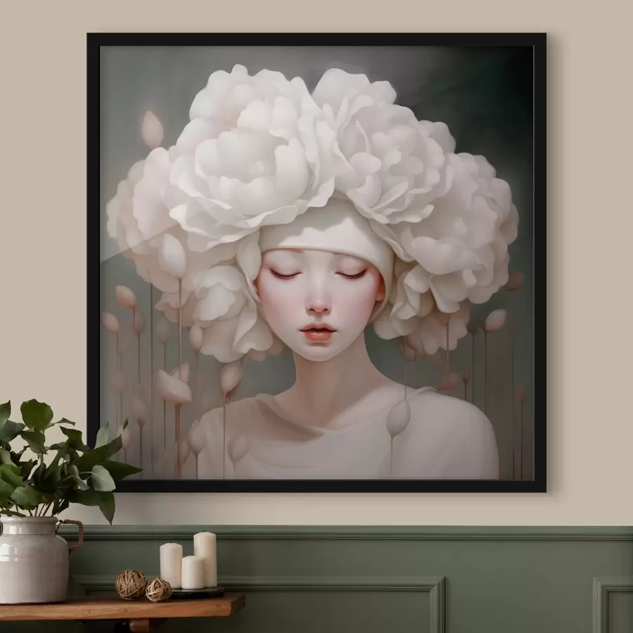 Papier peint photo Fille avec des fleurs sur la tête dans des tons doux f43385