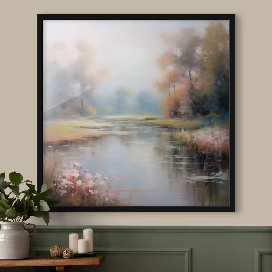 Papier peint photo Forêt naturelle avec une rivière, des fleurs et des arbres f43386