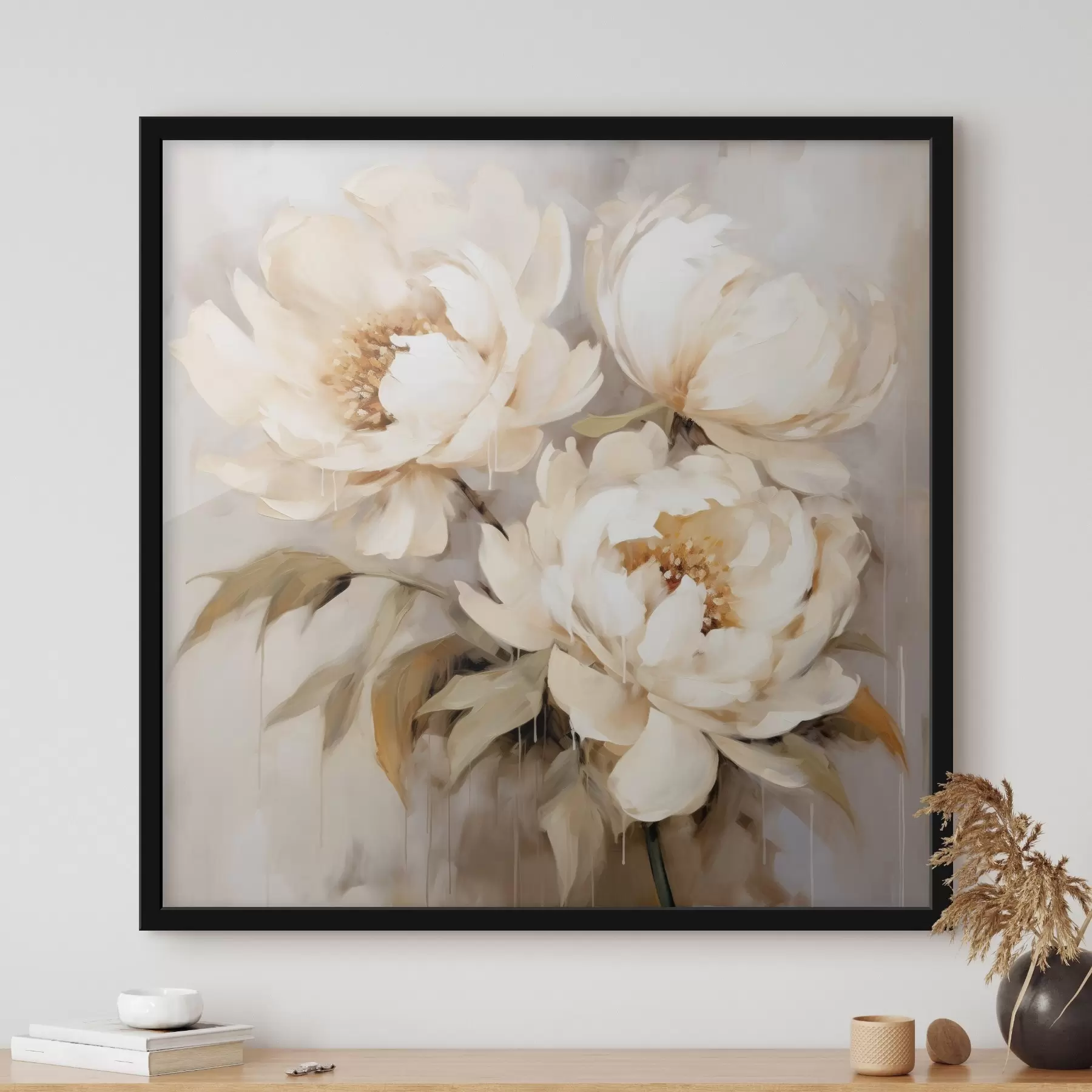 Fotobehang Delicate pioenrozen in neutrale tinten in abstracte schilderstijl f43387