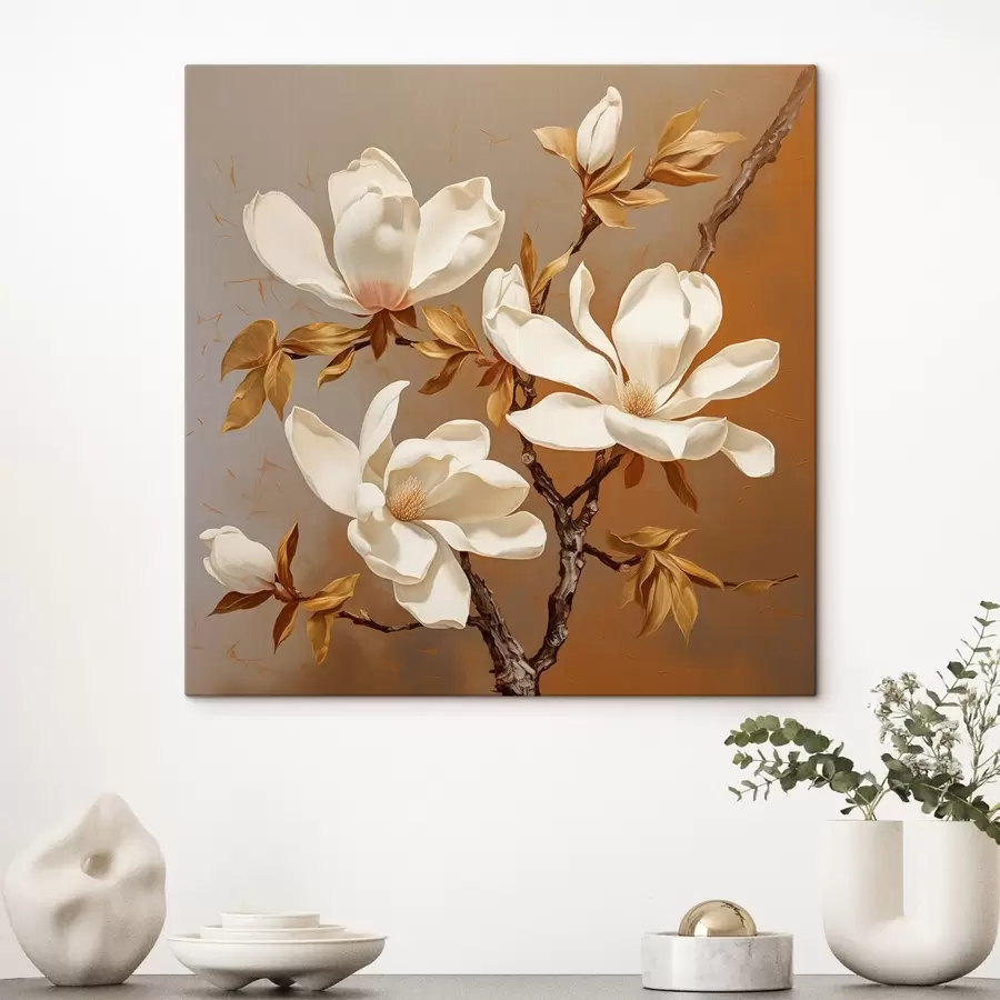  Schilderijen Olieverfschilderij stijl met een witte magnolia op een tak tegen een gele achtergrond s43361