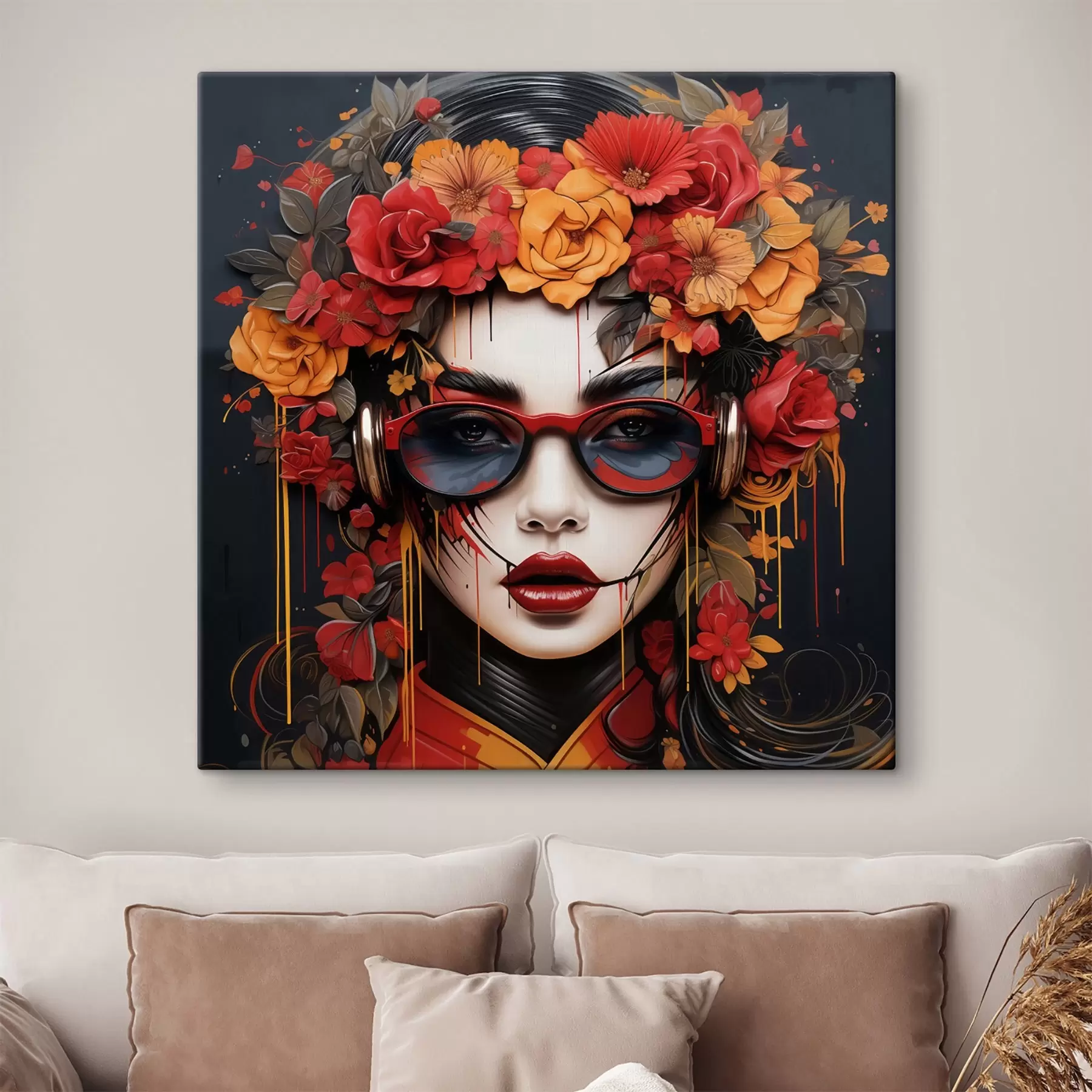  Schilderijen Vrouw met bloemen op haar hoofd, street art stijl s43362
