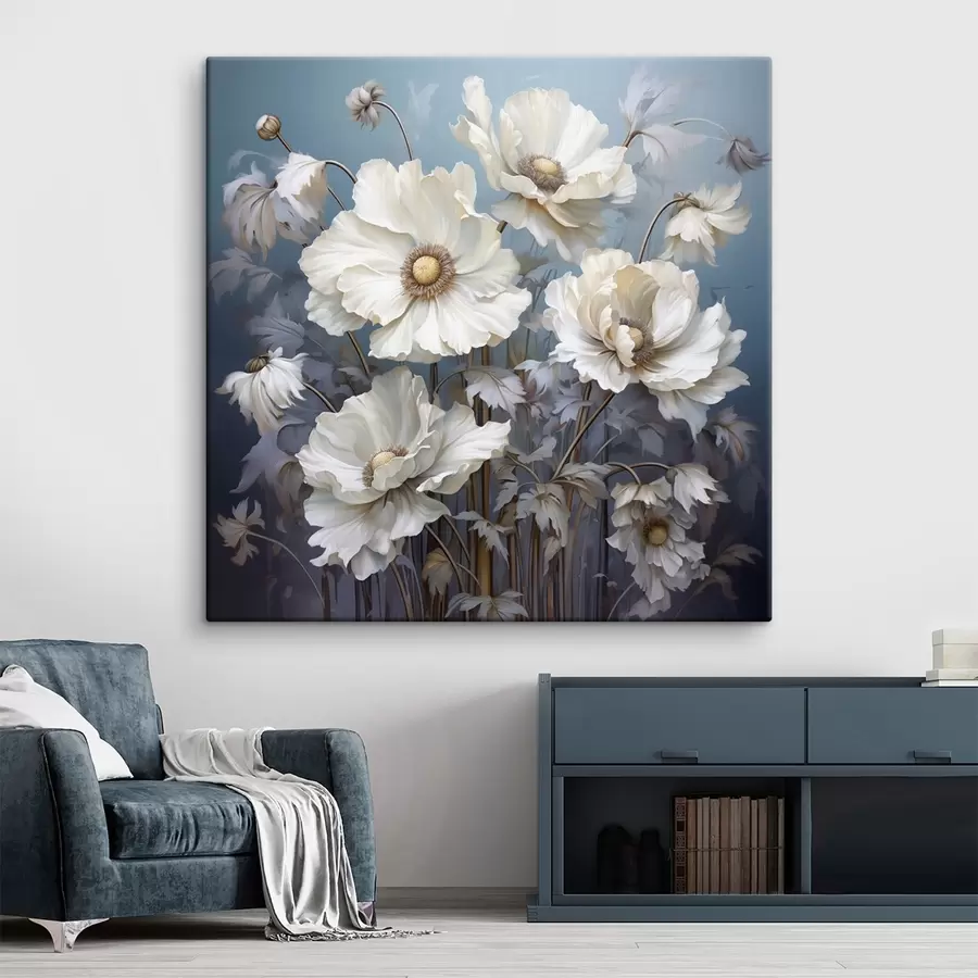  Peintures Bouquet de pivoines blanches sur fond bleu en style peinture s43370