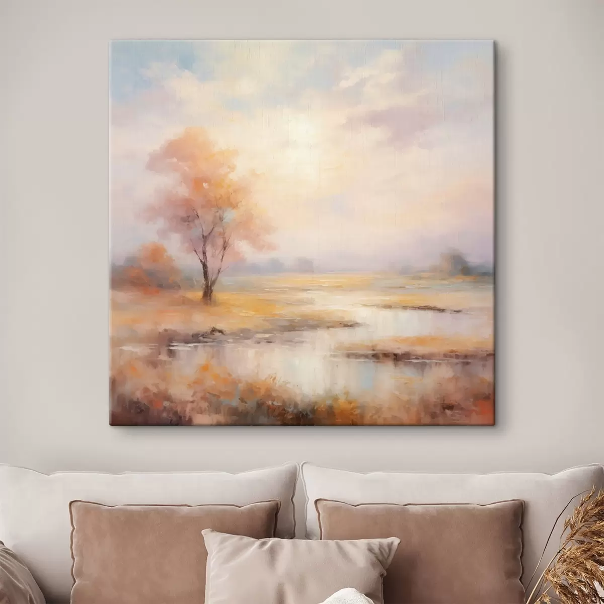  Peintures Paysage aux tons chauds avec une rivière et un arbre s43375