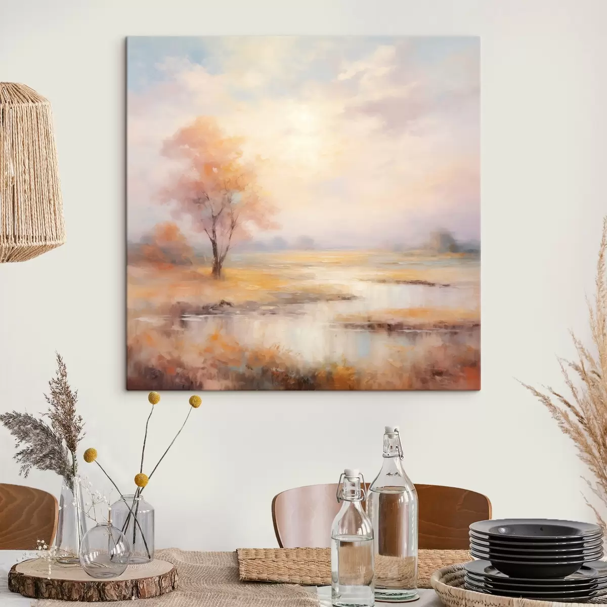  Schilderijen Landschap in warme tinten met een rivier en een boom s43375