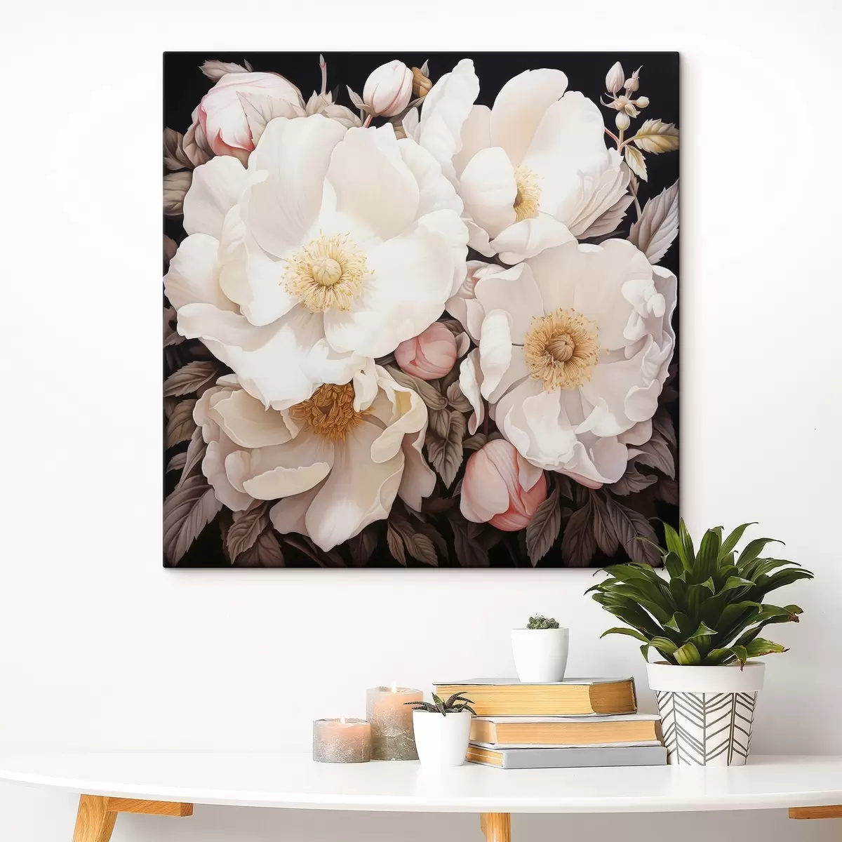  Peintures Fleurs de pivoines blanches sur fond sombre en peinture acrylique s43379