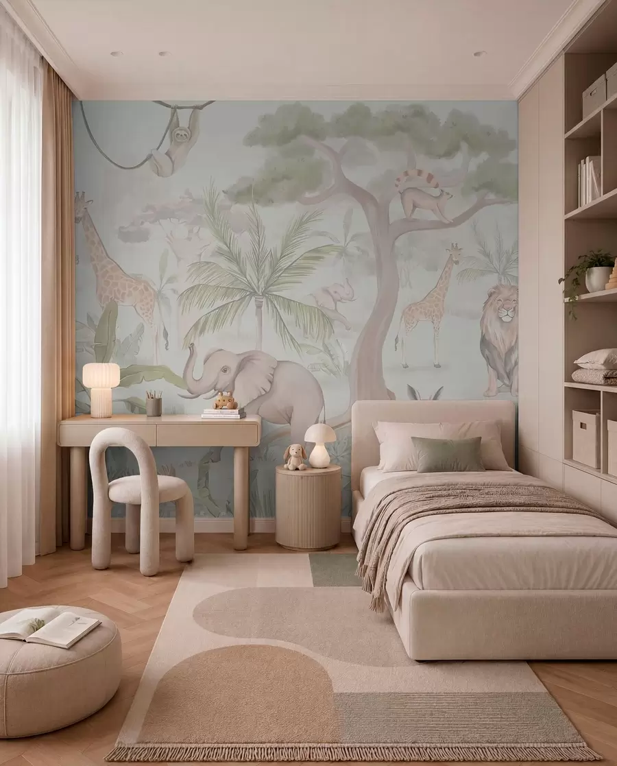 Fotobehang Panorama van jungle met dieren in lichte kleuren w03444v1