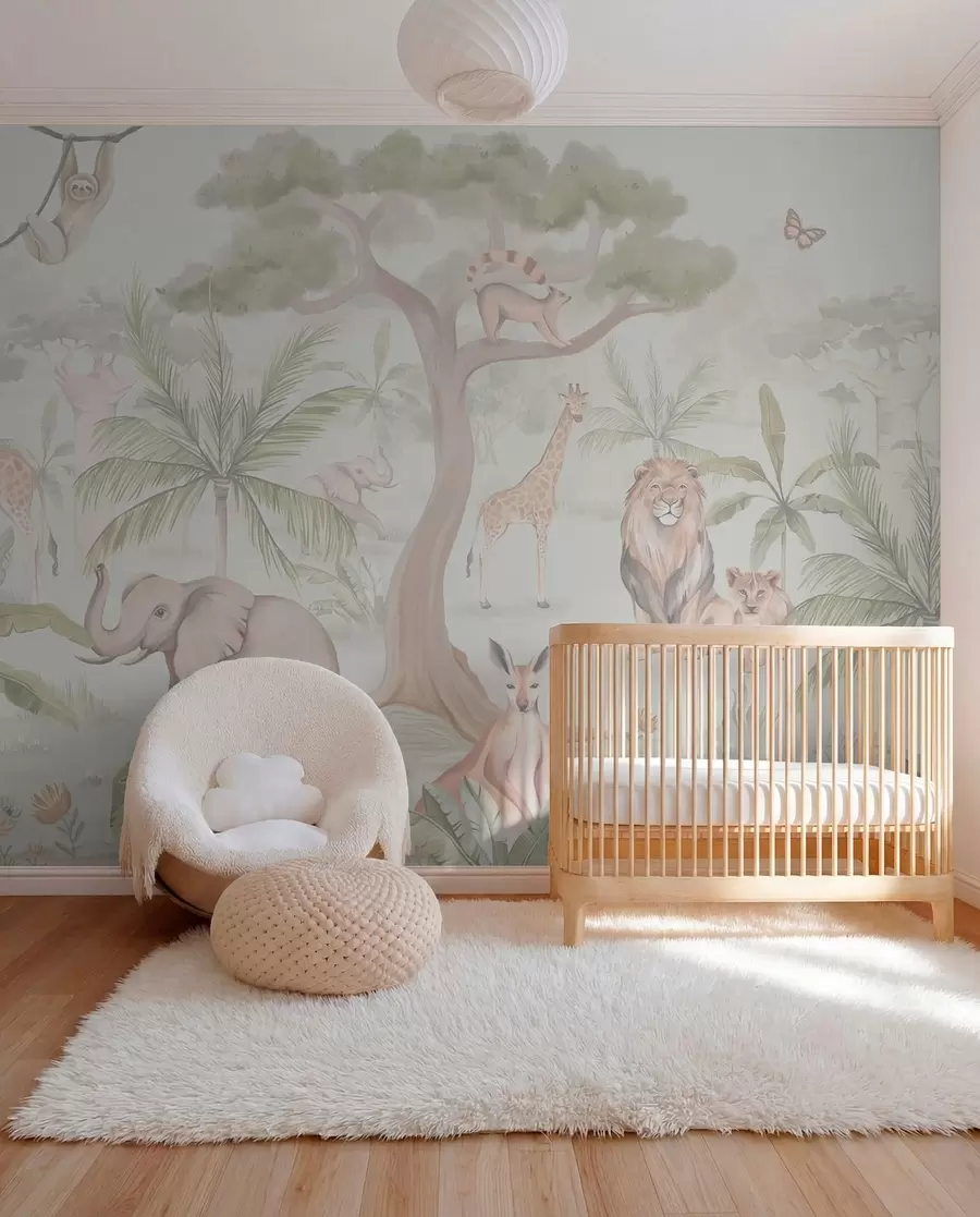 Fotobehang Panorama van jungle met dieren in lichte kleuren w03444v1