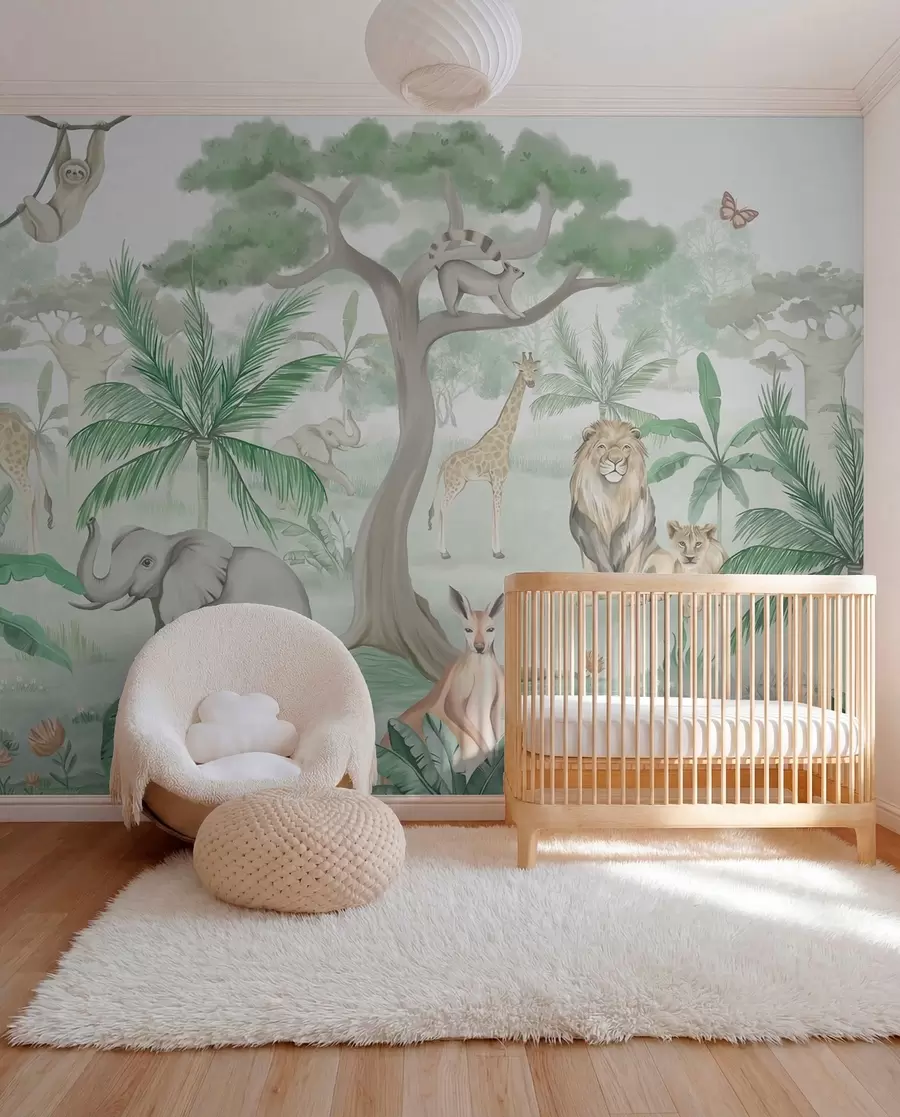 Fotobehang Panorama van jungle met dieren in groene tinten w03444v2