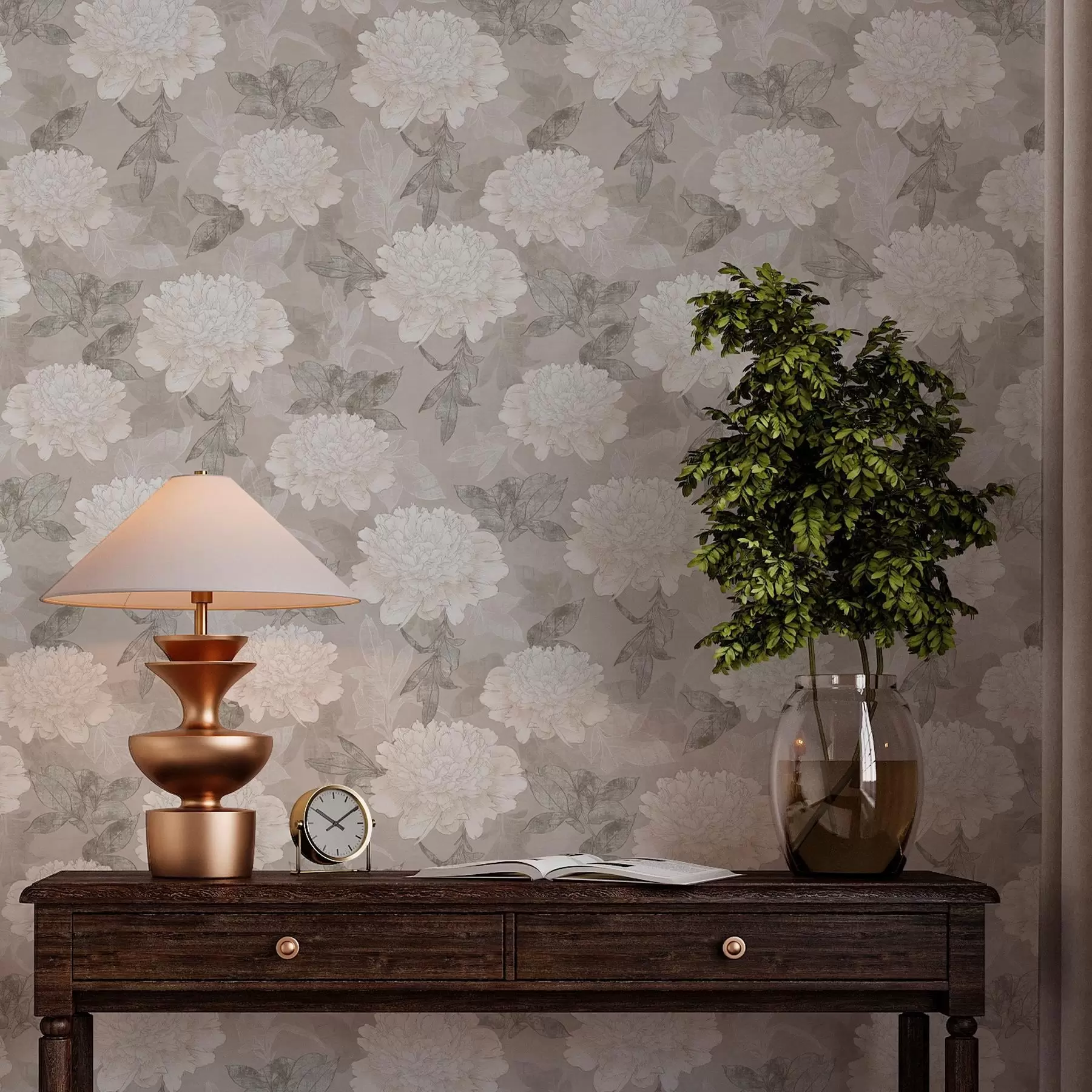 Papier peint photo Pivoines et feuilles de couleur claire dans un style grunge a00005