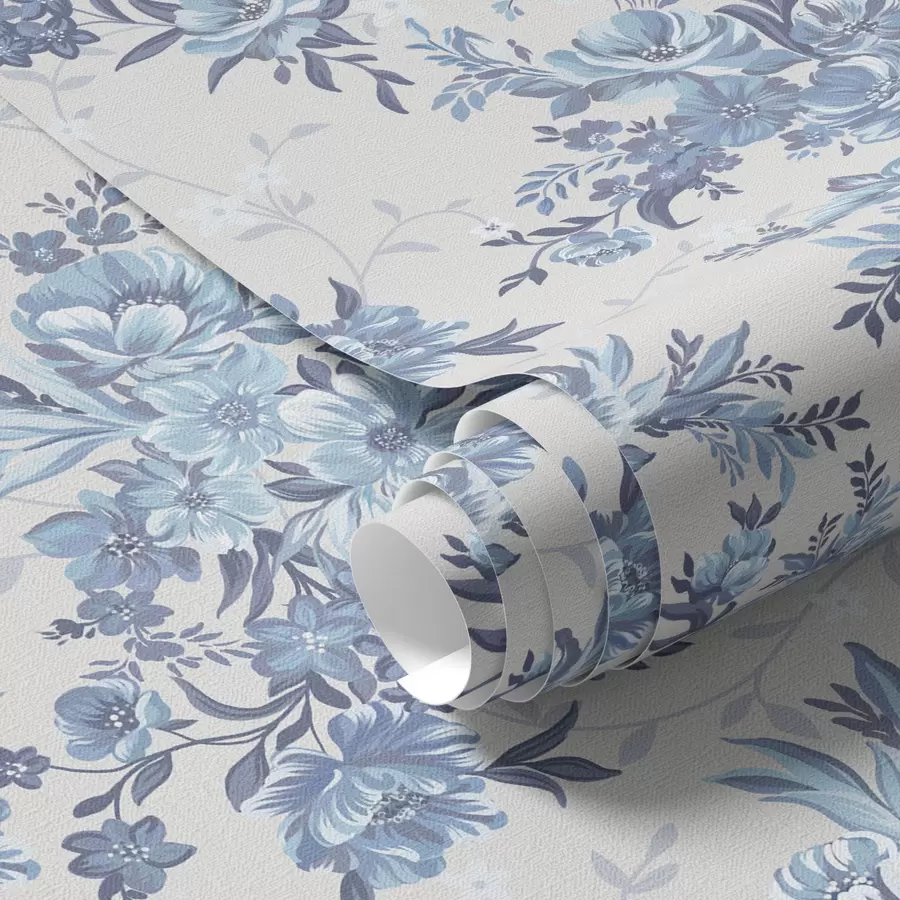 Fotobehang Delicate bloemen en bladeren in blauwe en blauwe kleuren op een lichte achtergrond a00027