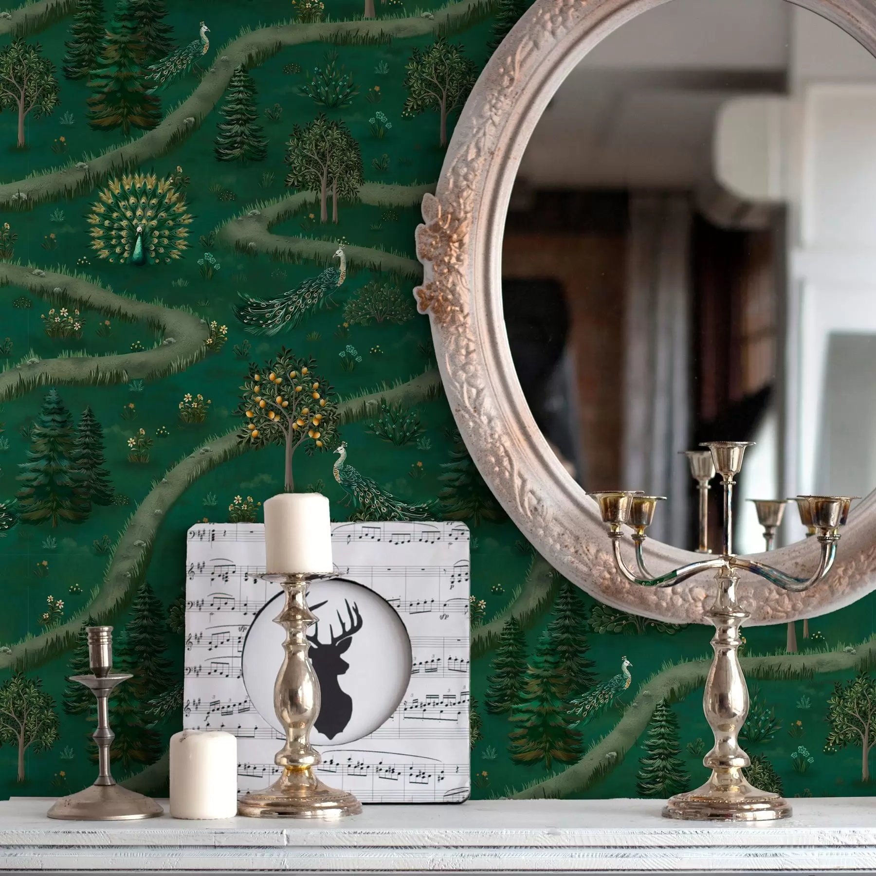 Papier peint photo Chemin sinueux avec paons et citronniers a00041