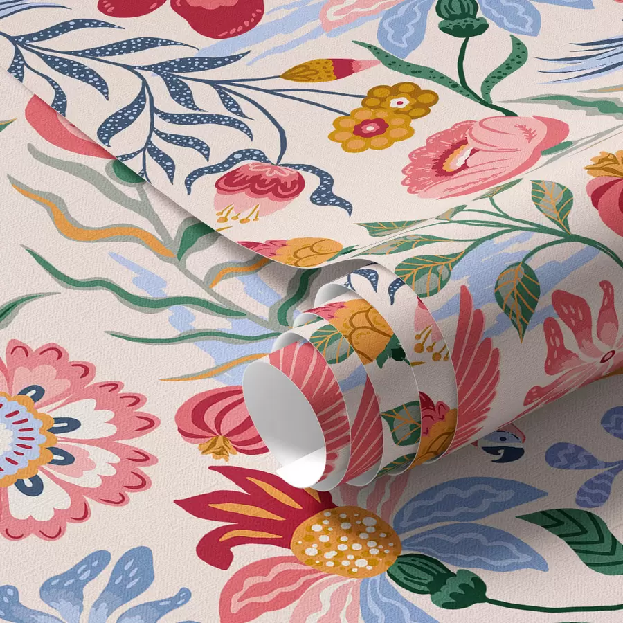 Fotobehang Heldere bloemen en bessen compositie met papegaaien a00046