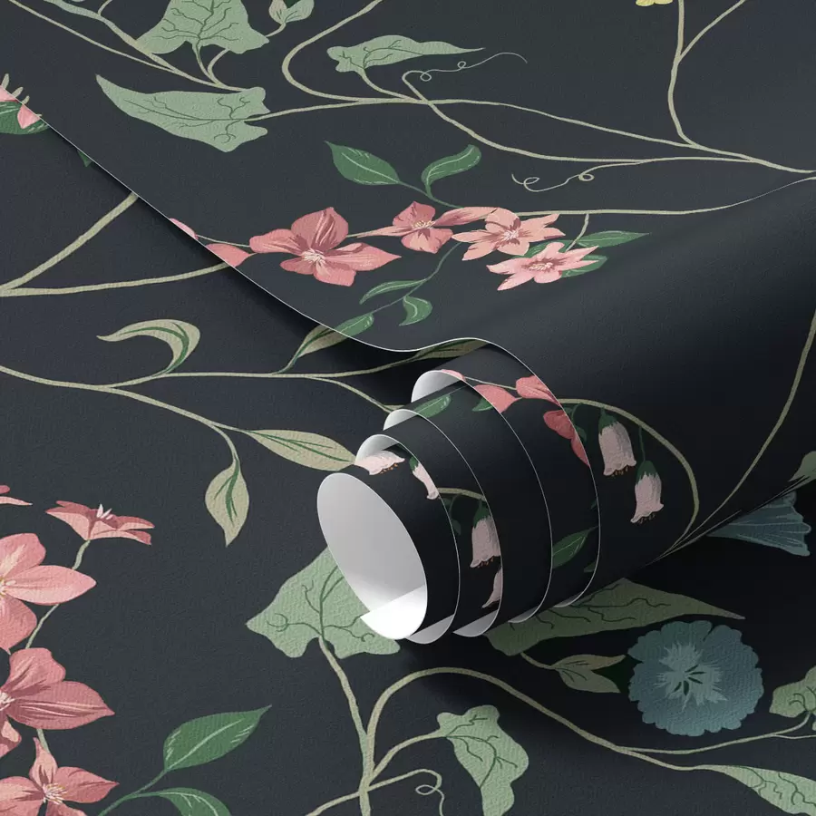 Fotobehang Bloemen, bladeren en stengels op donkere achtergrond a00047