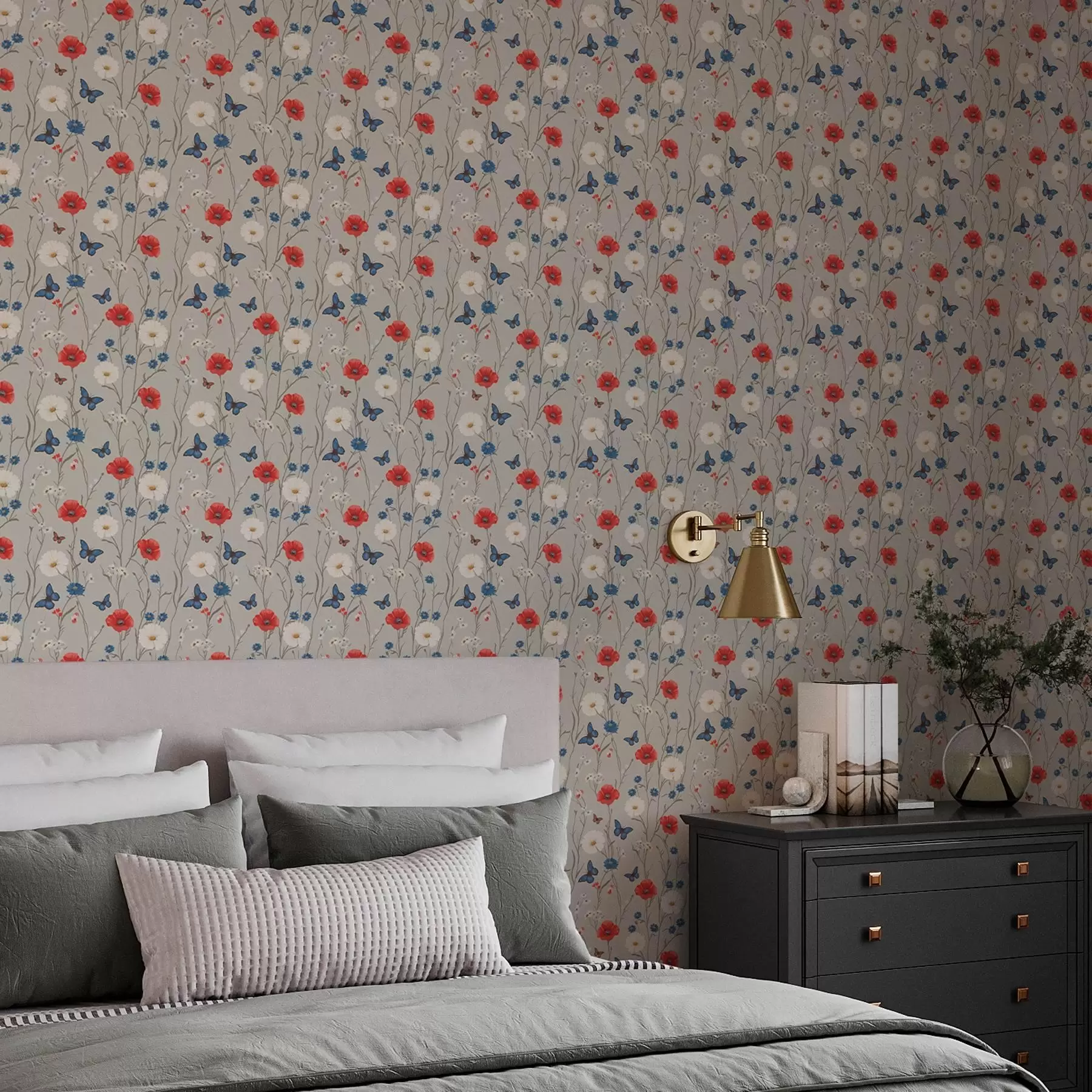 Papier peint photo Coquelicots, marguerites et papillons sur fond gris clair a00072v1