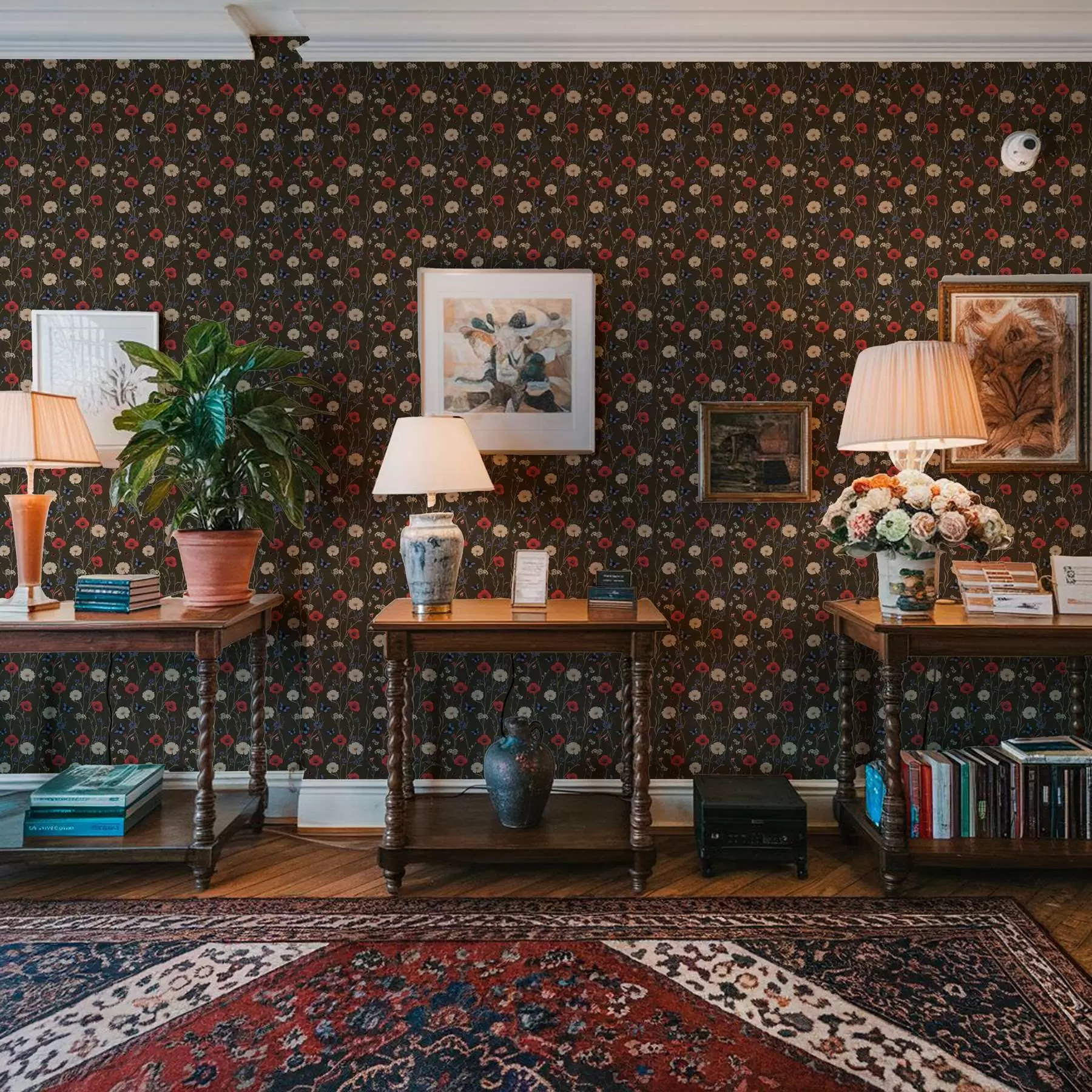 Fotobehang Klaprozen, margrieten en vlinders op een donkere achtergrond a00072v2