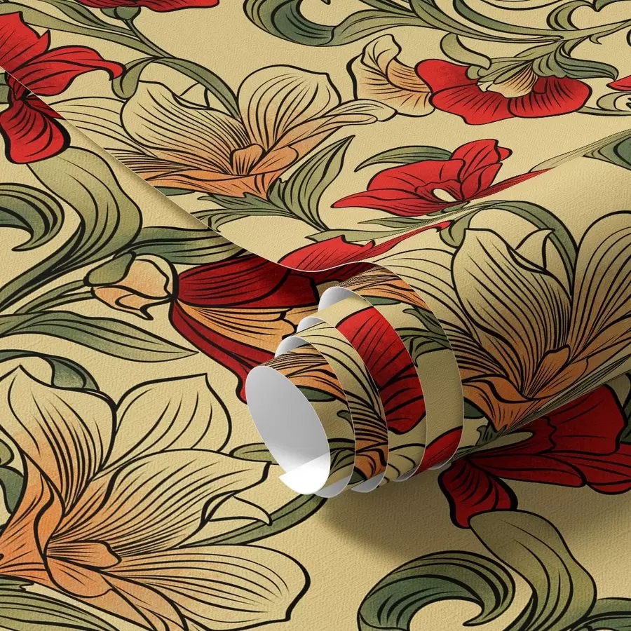 Papier peint photo Tiges torsadées brillantes avec des feuilles et des fleurs rouges a00075