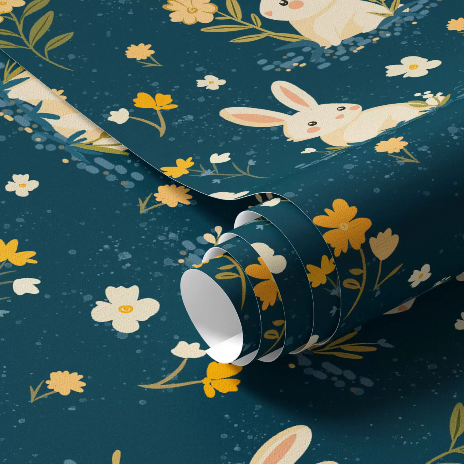 Papier peint photo Lapins dans l'herbe et les fleurs sur fond sombre a00080