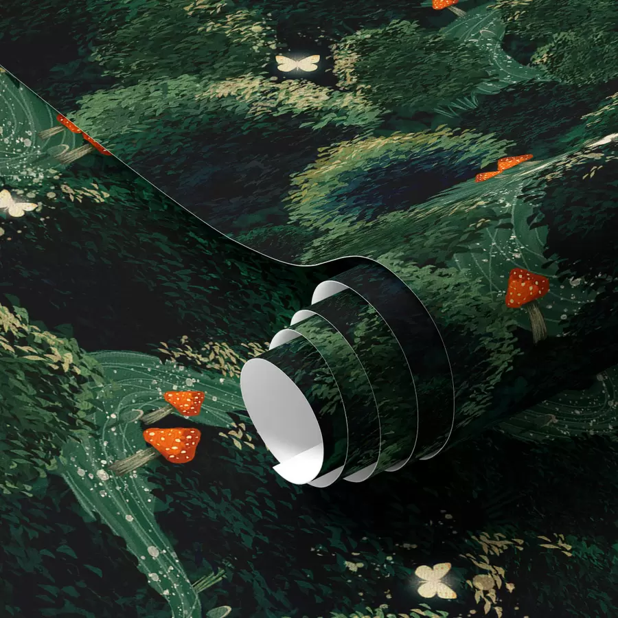 Fotobehang Weelderige boomkronen en kleurrijke paddenstoelen a00087