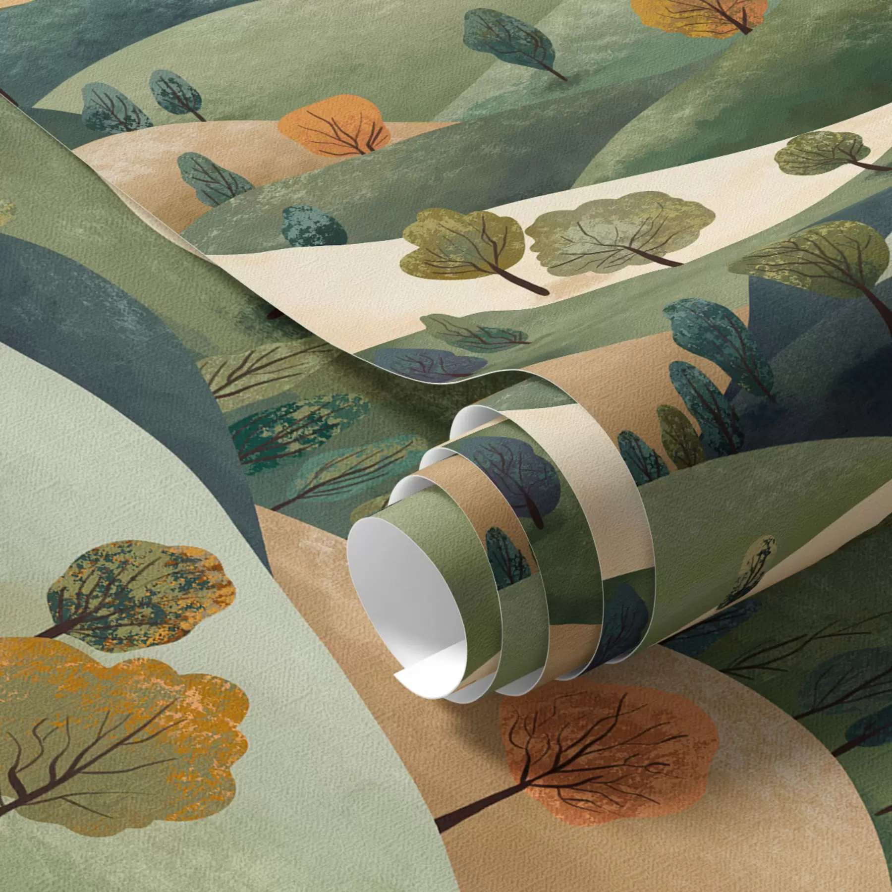 Fotobehang Grappige heuvels met bomen a00091