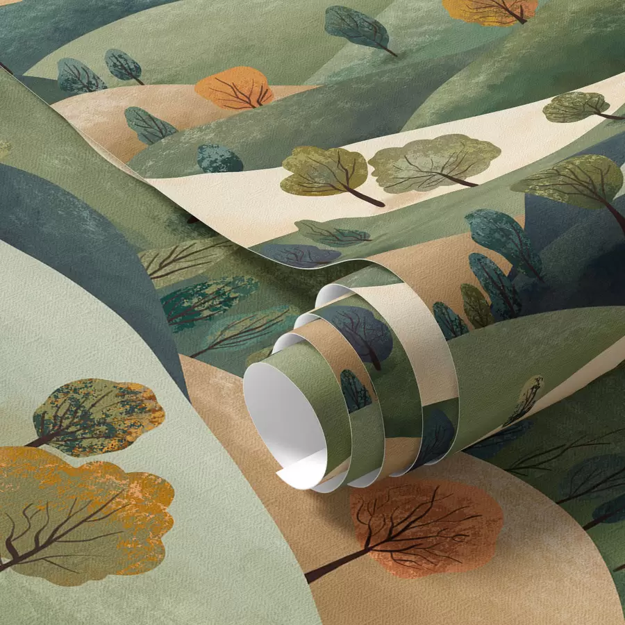 Fotobehang Grappige heuvels met bomen a00091