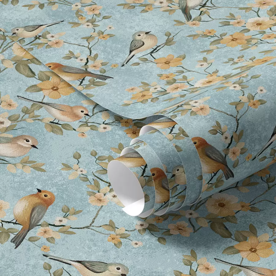 Papier peint photo Petits oiseaux sur des branches sur fond bleu a00092