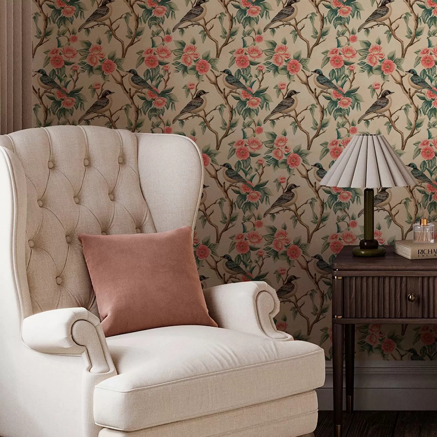 Papier peint photo Petits oiseaux sur des branches avec des fleurs sur fond clair a00093