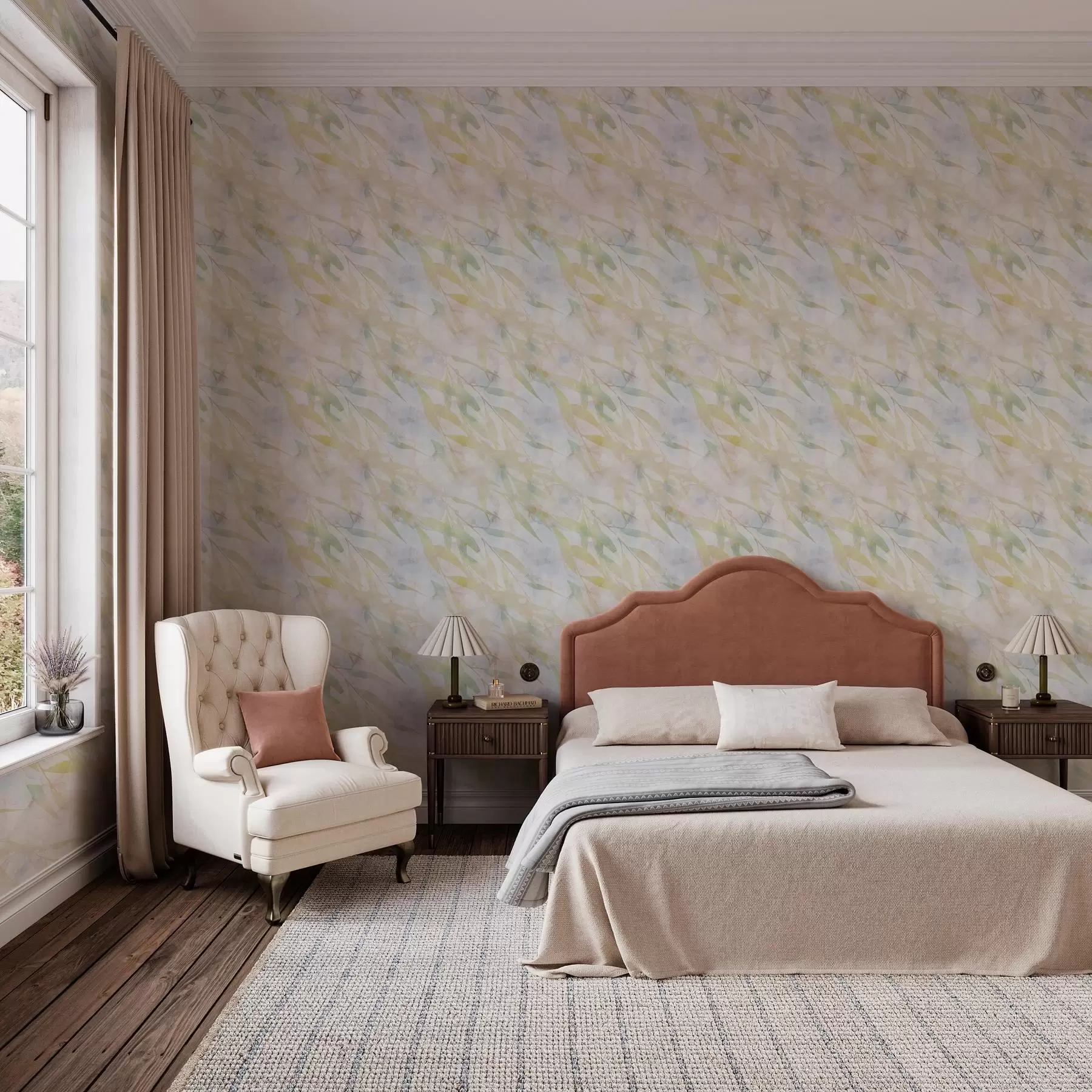 Papier peint photo Branches jaune-vert avec des feuilles dans le vent a00097