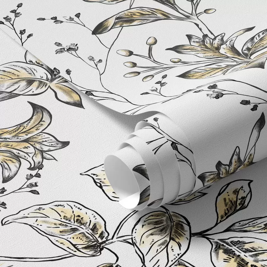 Papier peint photo Branches avec feuilles jaunes sur fond blanc a00098