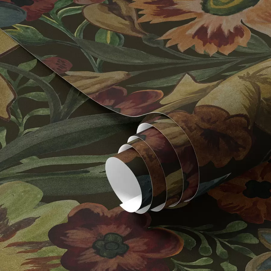 Fotobehang Donkere bloemen en bladeren op donkere achtergrond a00100