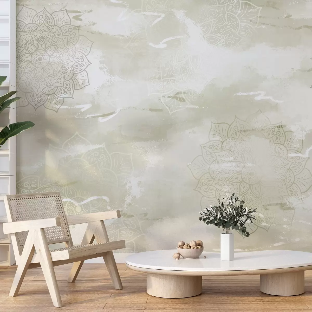 Papier peint photo Mandalas sur fond pastel, coups de pinceau vifs, couleurs vertes w03409v2