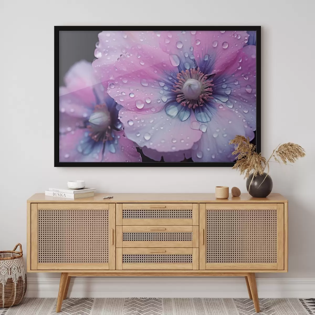 Poster Roze en paarse bloemen in volle bloei bedekt met waterdruppels, op donkere achtergrond f43394