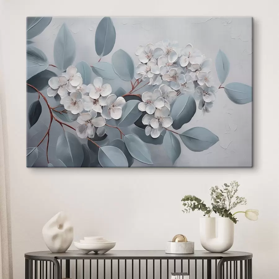  Peintures Une branche d'hortensia blanc en pleine floraison, avec des feuilles bleues sur un fond gris clair, style peinture à l'huile s43391