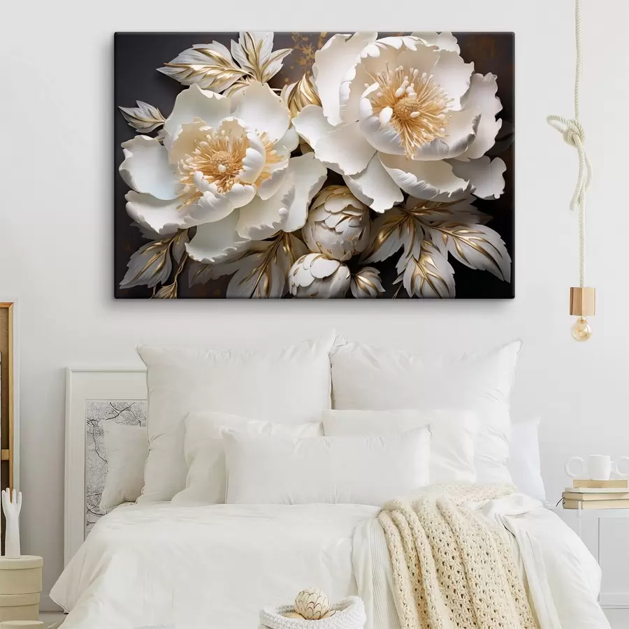  Peintures Pivoines blanches et jaunes avec feuilles, détails complexes, art décoratif, fond sombre s43399