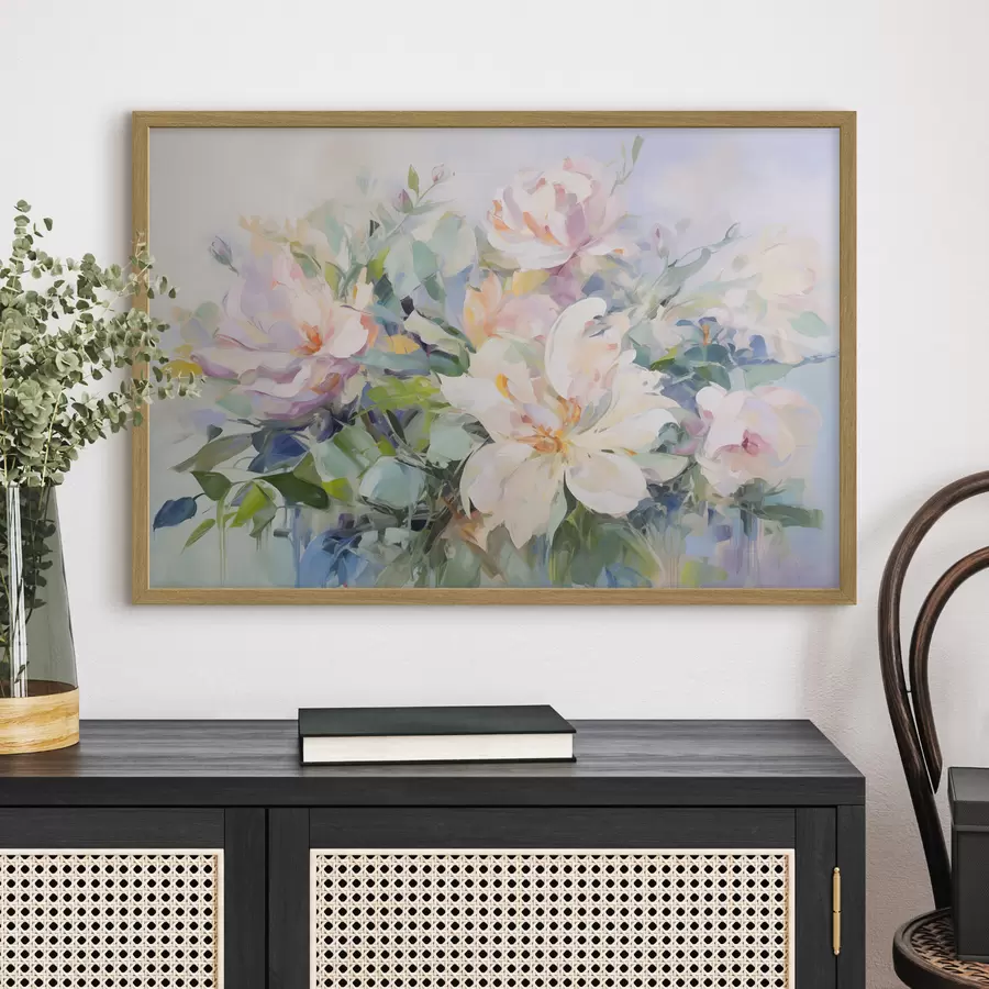 Papier peint photo Arrangement floral composé de fleurs aux couleurs pastel et de feuilles bleues, imitation peinture à l'huile f43390