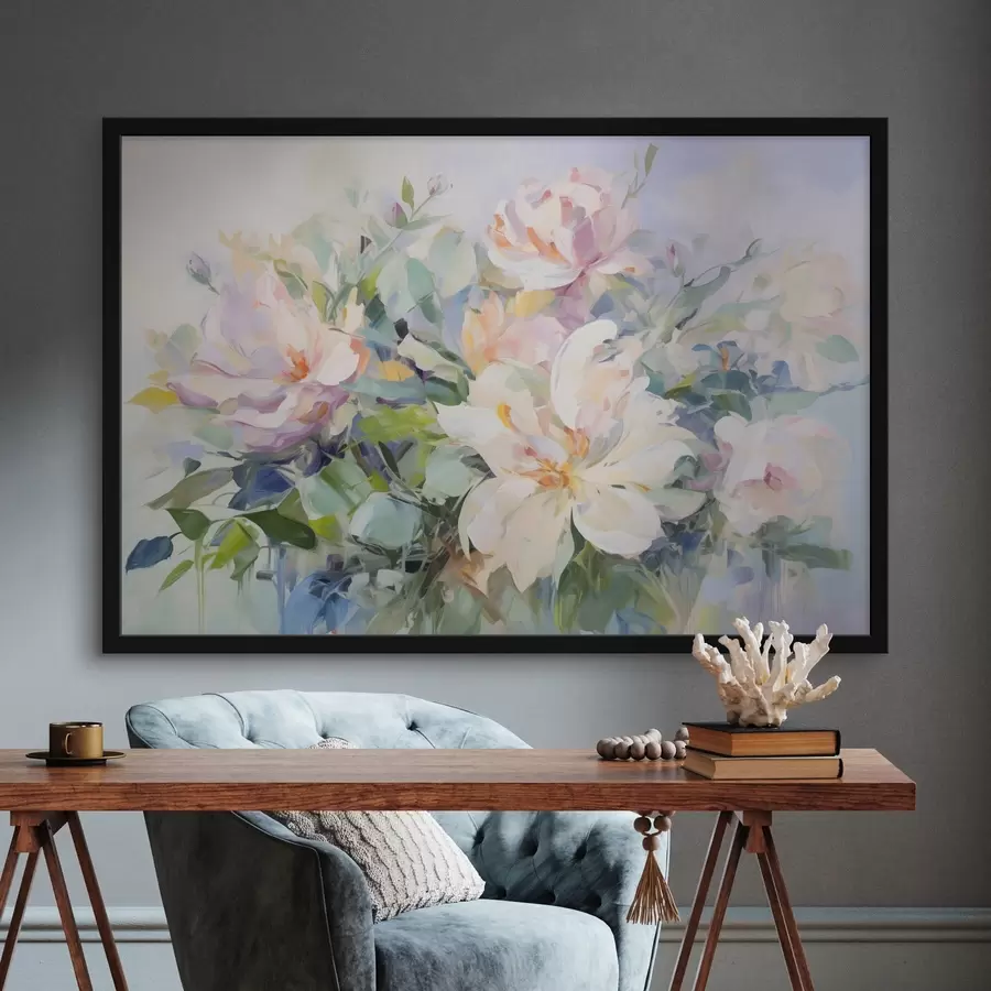 Fotobehang Een bloemstuk met pastelkleurige bloemen met blauwe bladeren, olieverfschilderij imitatie f43390