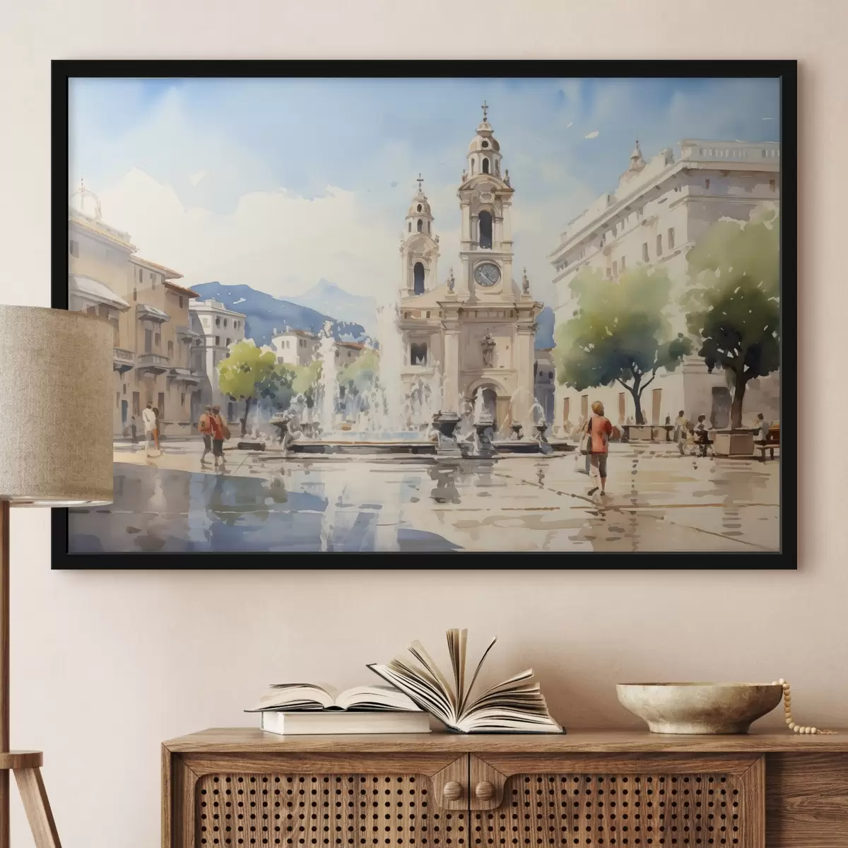 Affiche Paysage urbain abstrait avec une tour et une fontaine sur une place de la ville, montagnes au loin, style aquarelle f43397