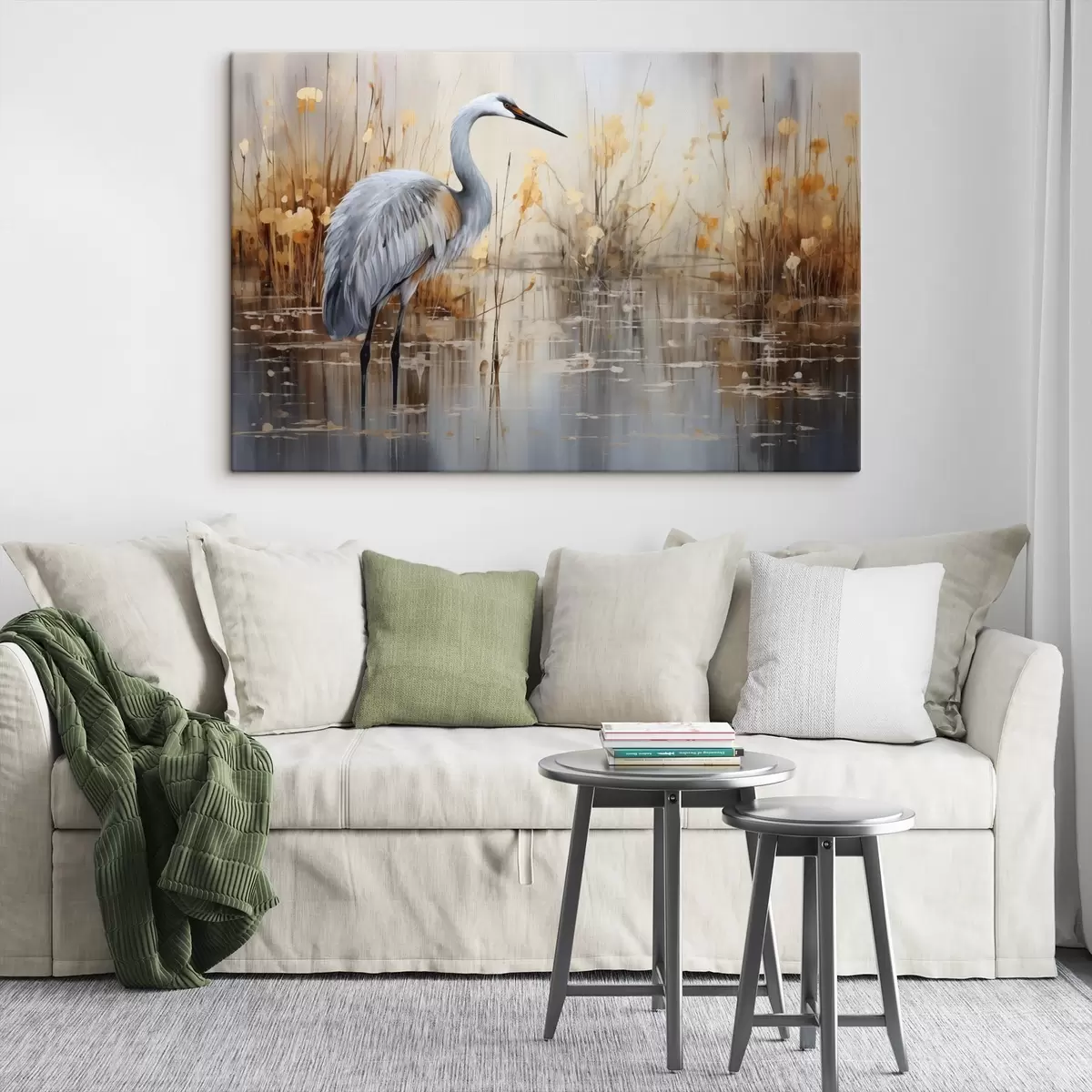  Peintures Un héron gris se tenant dans un étang, entouré de plantes hautes et fines, l'arrière-plan est un doux mélange de beige et de blanc s43398