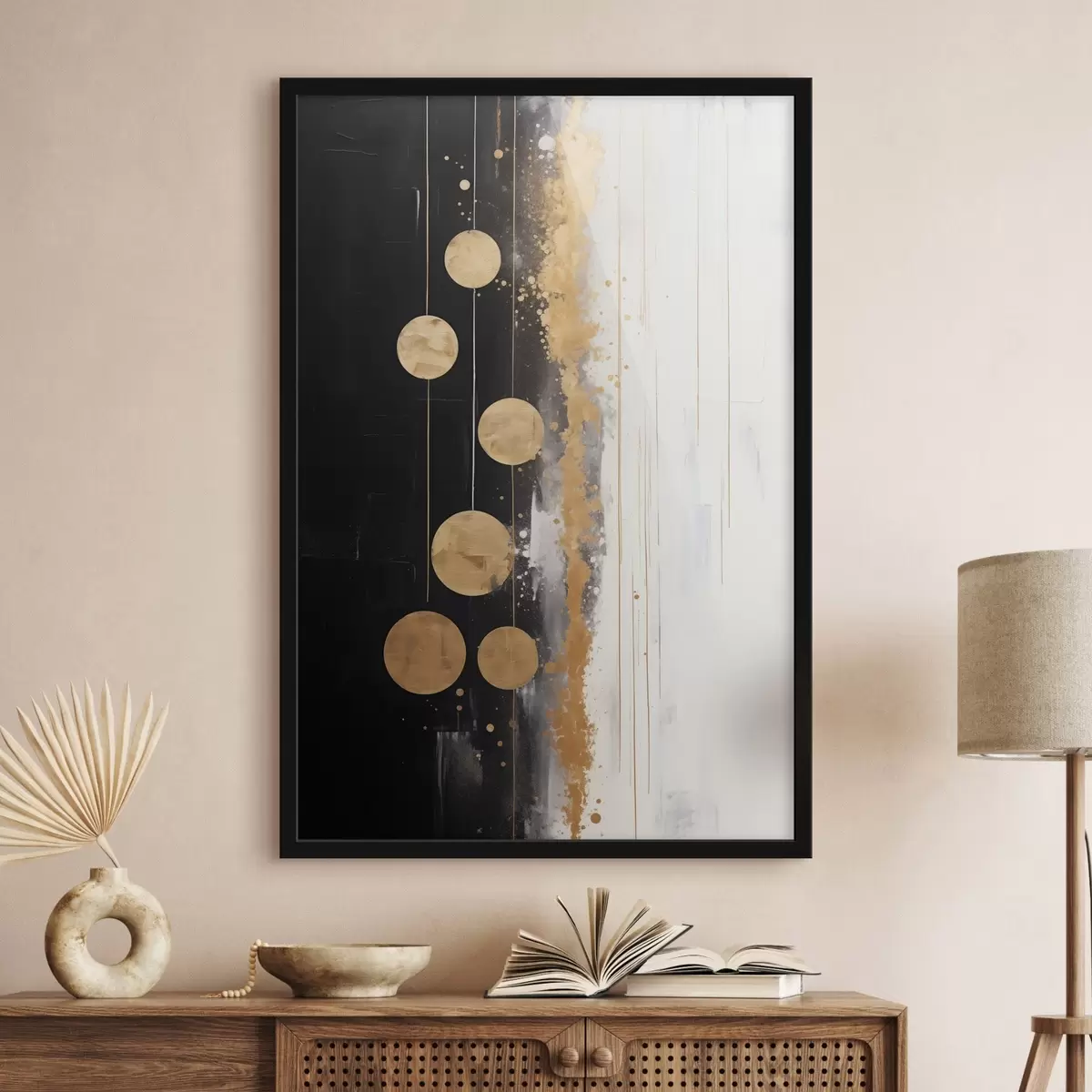 Poster Abstracte kunst met gele cirkels op zwarte en witte achtergrond met witte en gele vlekken f43410