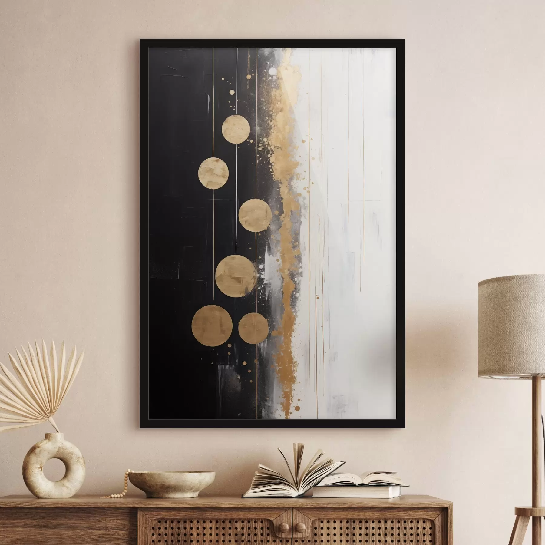 Fotobehang Abstracte kunst met gele cirkels op zwarte en witte achtergrond met witte en gele vlekken f43410