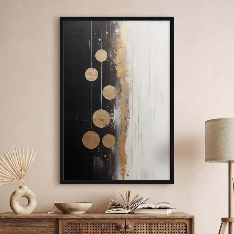 Fotobehang Abstracte kunst met gele cirkels op zwarte en witte achtergrond met witte en gele vlekken f43410