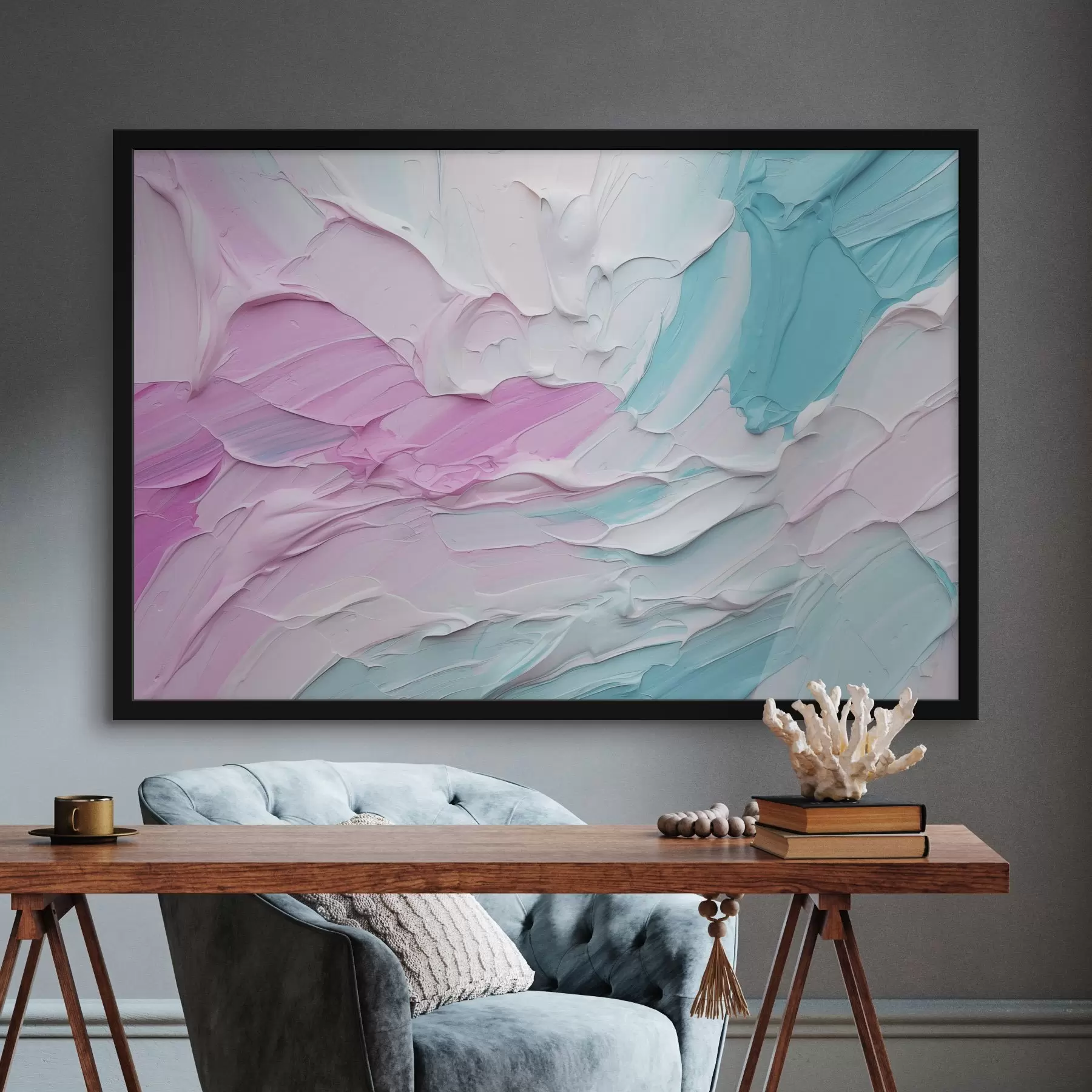 Fotobehang Een abstract olieverfschilderij met dikke streken roze, witte en turquoise verf, waardoor een structuureffect ontstaat f43393