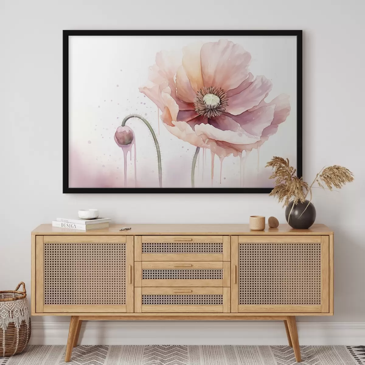 Affiche Fleur de pavot rose avec un bourgeon sur fond blanc, imitation peinture aquarelle avec coulures, couleurs douces f43402