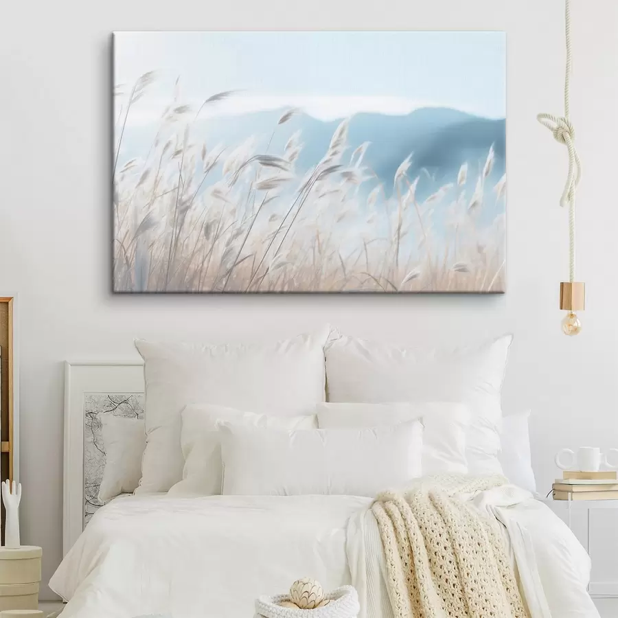  Schilderijen Gras, pampaveld met een blauwe berg op de achtergrond, lichtblauwe lucht, minimalistisch, pastelkleuren s43404