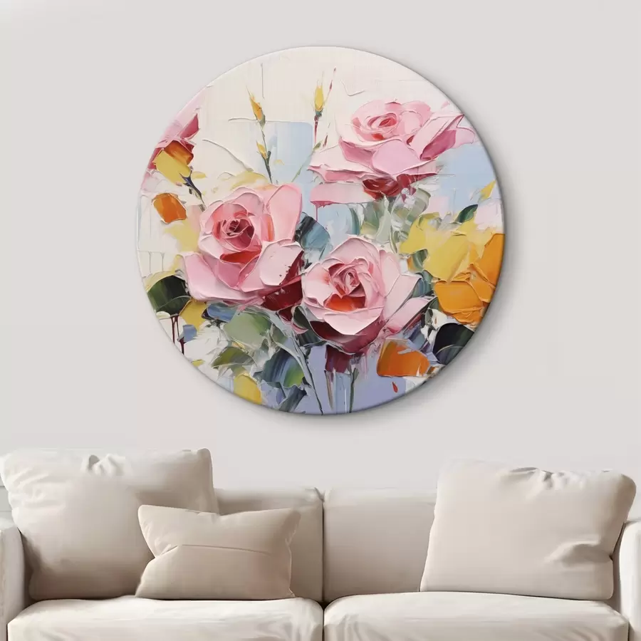  Peintures Art abstrait moderne de roses roses et jaunes avec des feuilles, coups de pinceau épais, imitation de peinture à l'huile, couleurs pastel r43392