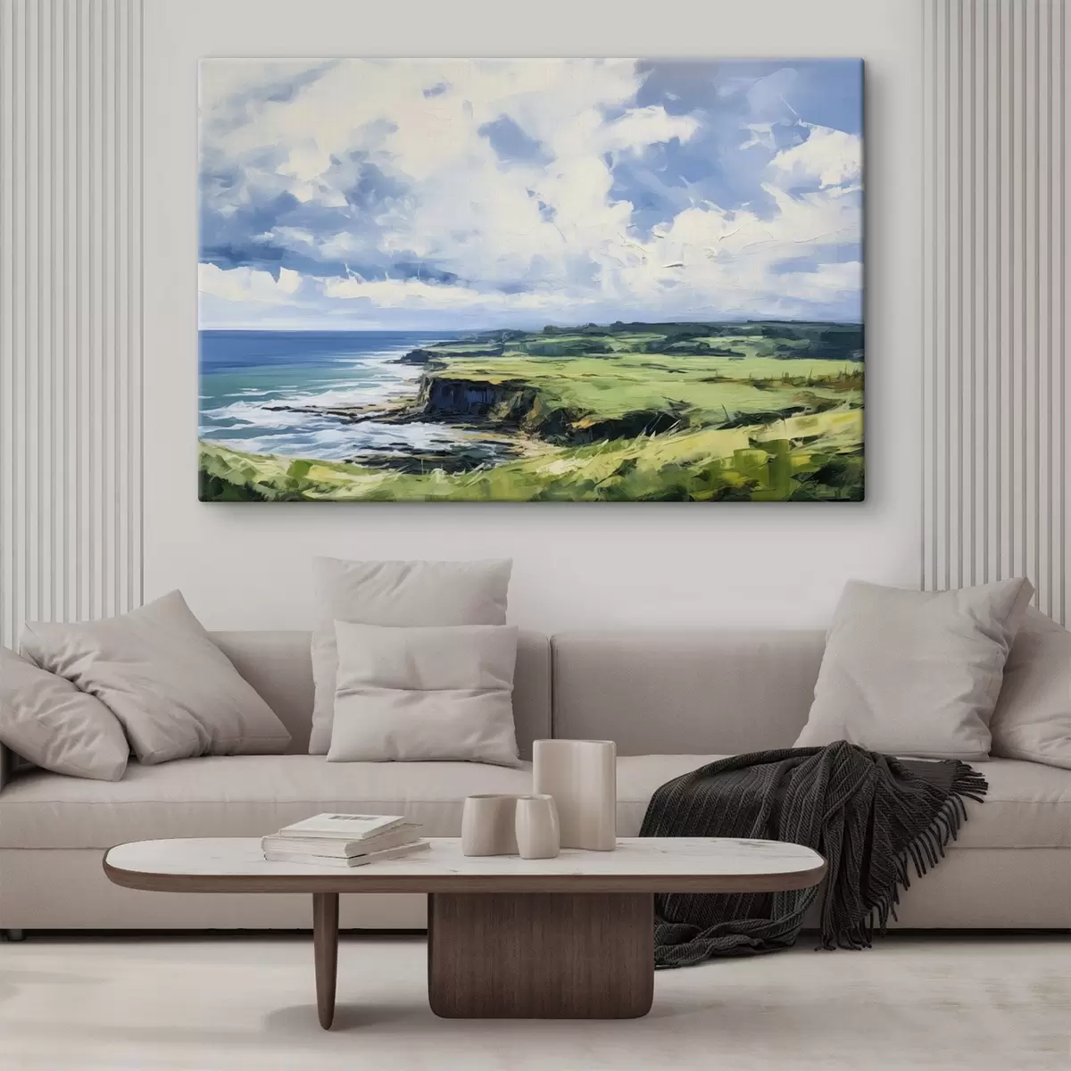  Peintures Champ vert avec une falaise sur la côte, mer bleue avec des vagues, ciel nuageux, peinture à l'huile minimaliste moderne imitation s43406