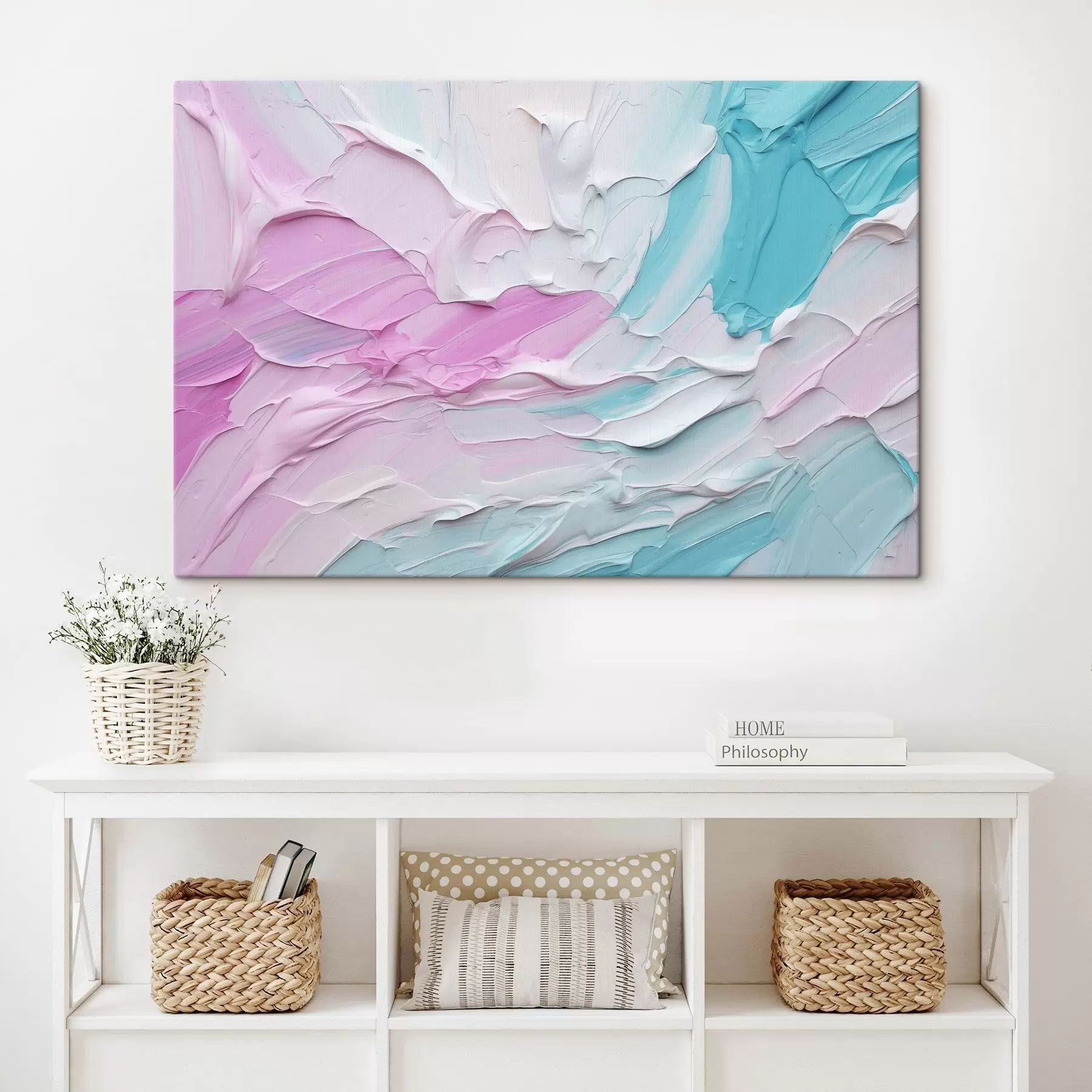  Schilderijen Een abstract olieverfschilderij met dikke streken roze, witte en turquoise verf, waardoor een structuureffect ontstaat s43393