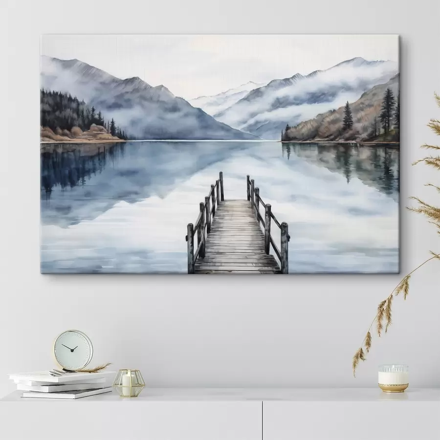  Peintures Un quai en bois s'étend sur un lac calme, entouré de montagnes et d'arbres à feuilles persistantes, style aquarelle s43405
